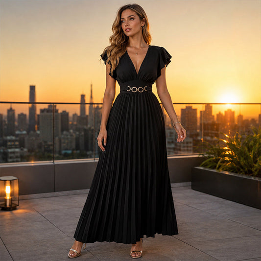 👗 50% OFF NOW! ✨ Women Elegant V-Neck Pleated Long Dress – Flattering pleats, lightweight fabric & elegant flow – Perfect for parties, weddings & summer evenings 🌸