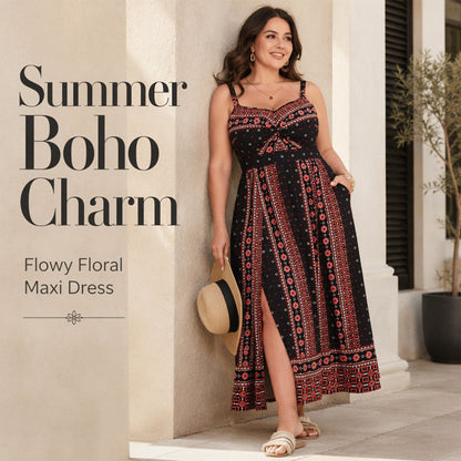 🌸 50% OFF NOW! 👗 Women Plus Size Boho Spaghetti Strap Maxi Dress – Flowy fabric, flattering fit & boho style – Perfect for summer, beach & vacations ☀️