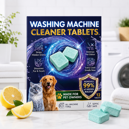 🧼 BUY 2 GET 1 FREE! 🐾 Washing Machine Cleaner Tablets – 12-pack, deep cleans, removes odour & limescale – Pet-safe & fresh laundry every wash ✨