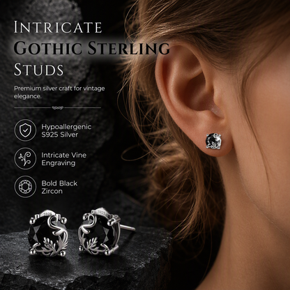 💎 Save 50%! 🖤 Gothic Vine Stud Earrings – Silver tone & black zirconia ✨