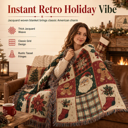Vintage Christmas Plaid Santa Claus Throw Blanket with Tassels American Country Wall Hanging Tapestry and Sofa Cover for Holiday Home Decoration 130x160cm