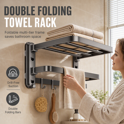 🛁 Save 50%! 🧺 Double Folding Towel Rack – Suction mount, rustproof & space-saving ✨