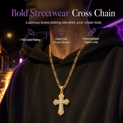 💎 50% OFF! ⛓️ Hip Hop Double-Layer Chain – Baguette rhinestone cross & Figaro links ✨