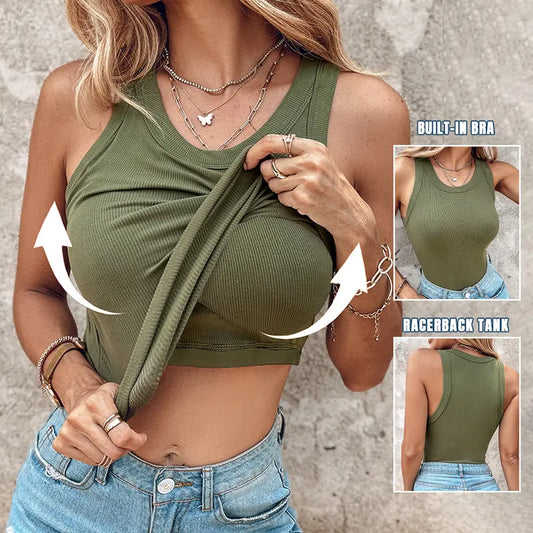 👚 50% OFF NOW! 💖 Ribbed Stretchy Tank Top with Shelf Bra – Last Day Special Price £9.99!! – Built-in support, smoothing fit & no-slip straps – perfect for layering or workouts 💪